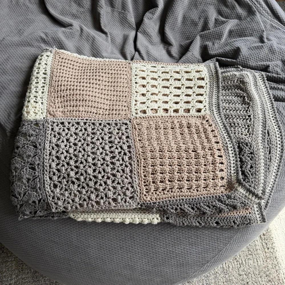 Handmade‎ Crochet Patchwork Blanket Neutral Taupe Grey Cream Throw 62x55 Soft